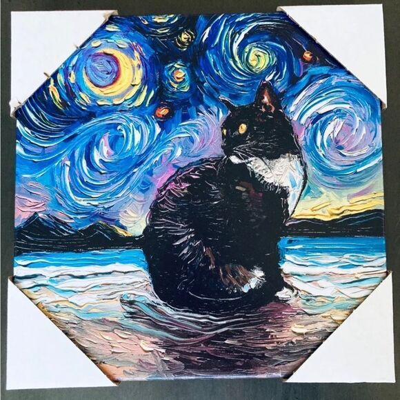 Tuxedo Cat Night Starry Night Van Gogh Wall Art Canvas Painting - Picture 1 of 3